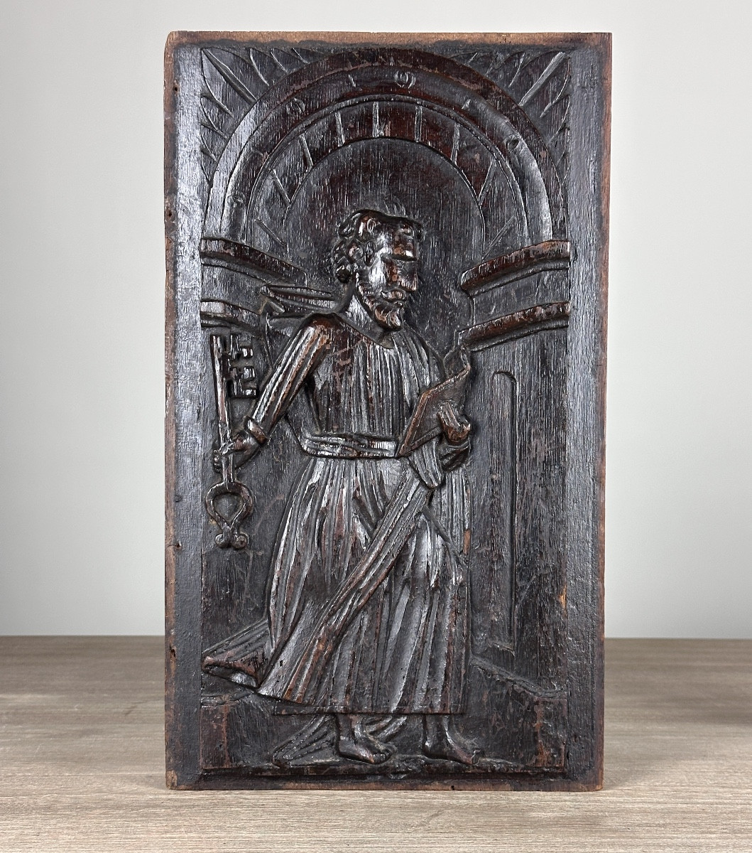 Carved Wood Panel Altarpiece Saint Pierre Paradis Oak Attributes 