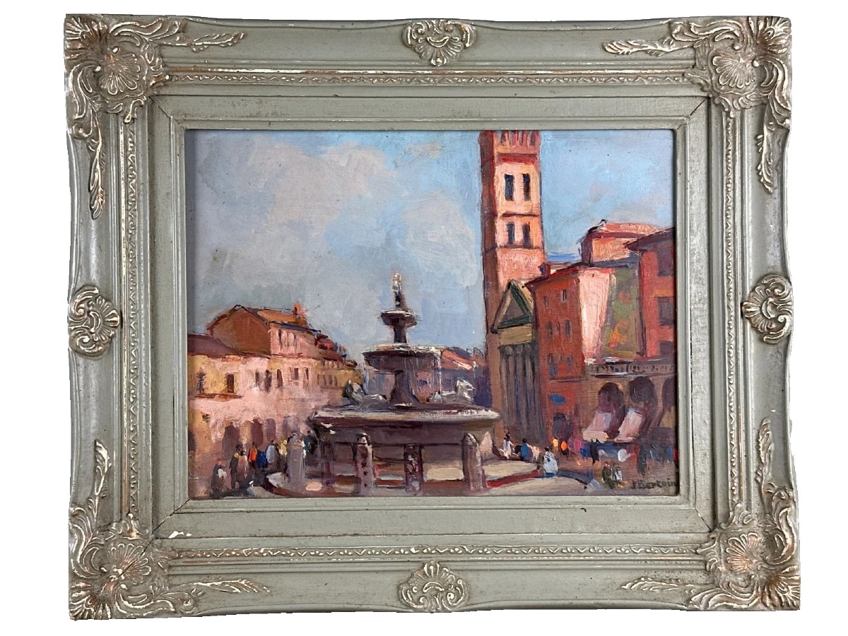 Marcel Bertoin, Antique Painting, Landscape, Roman Fountain, Bustling City Of Rome, Summer -photo-2