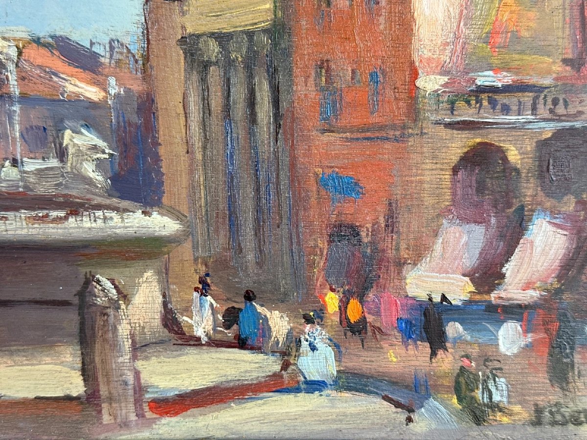 Marcel Bertoin, Antique Painting, Landscape, Roman Fountain, Bustling City Of Rome, Summer -photo-1