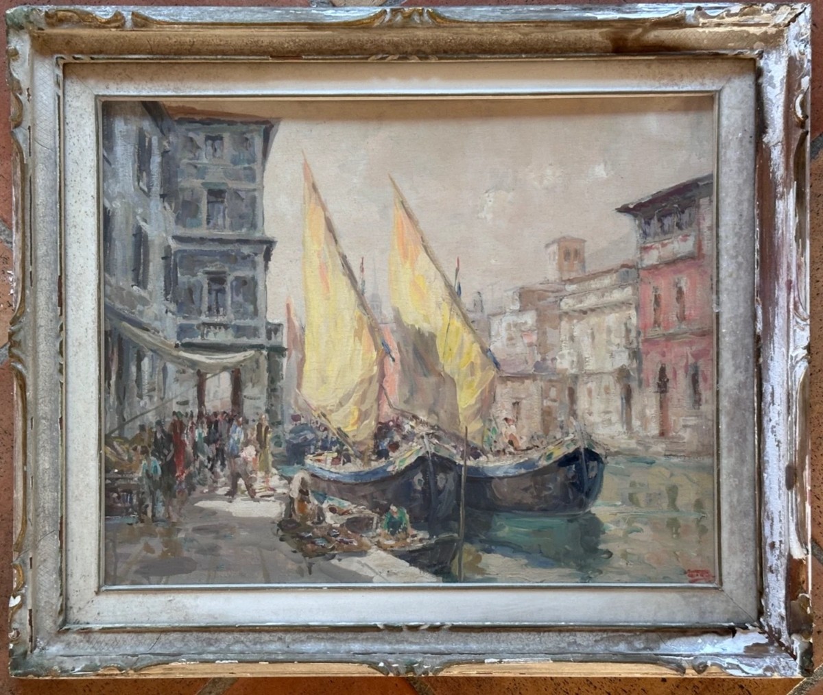 Painting Of A Lively Venice Scene, Fishing Boat Returning In Summer, Signed 1930-photo-2