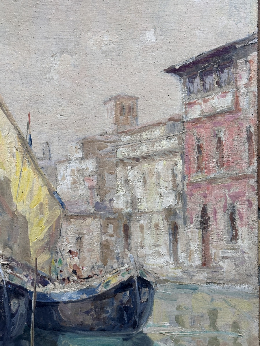 Painting Of A Lively Venice Scene, Fishing Boat Returning In Summer, Signed 1930-photo-6