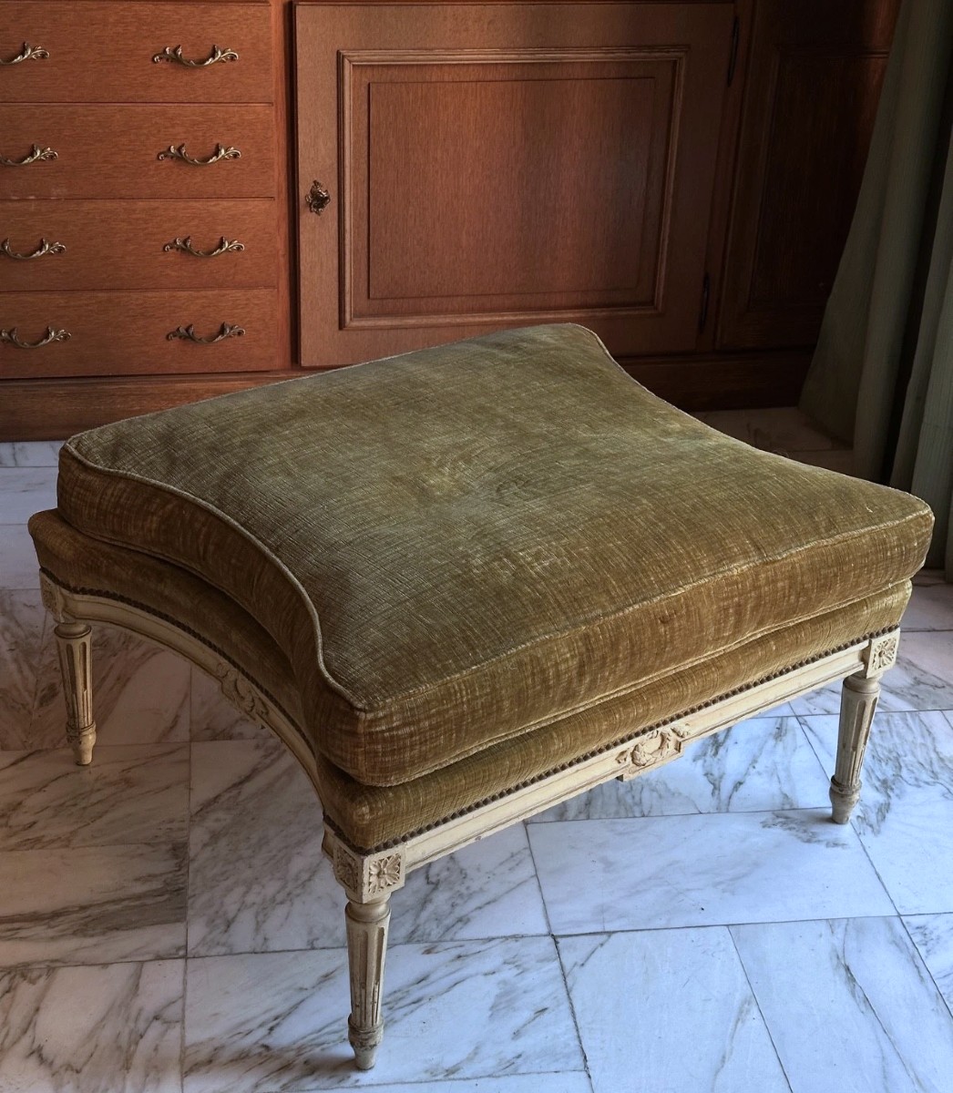 Large Louis XVI Style Carved Wood Stool By Maison Schmidt, Circa 1950, Ottoman/pouf Decor -photo-4