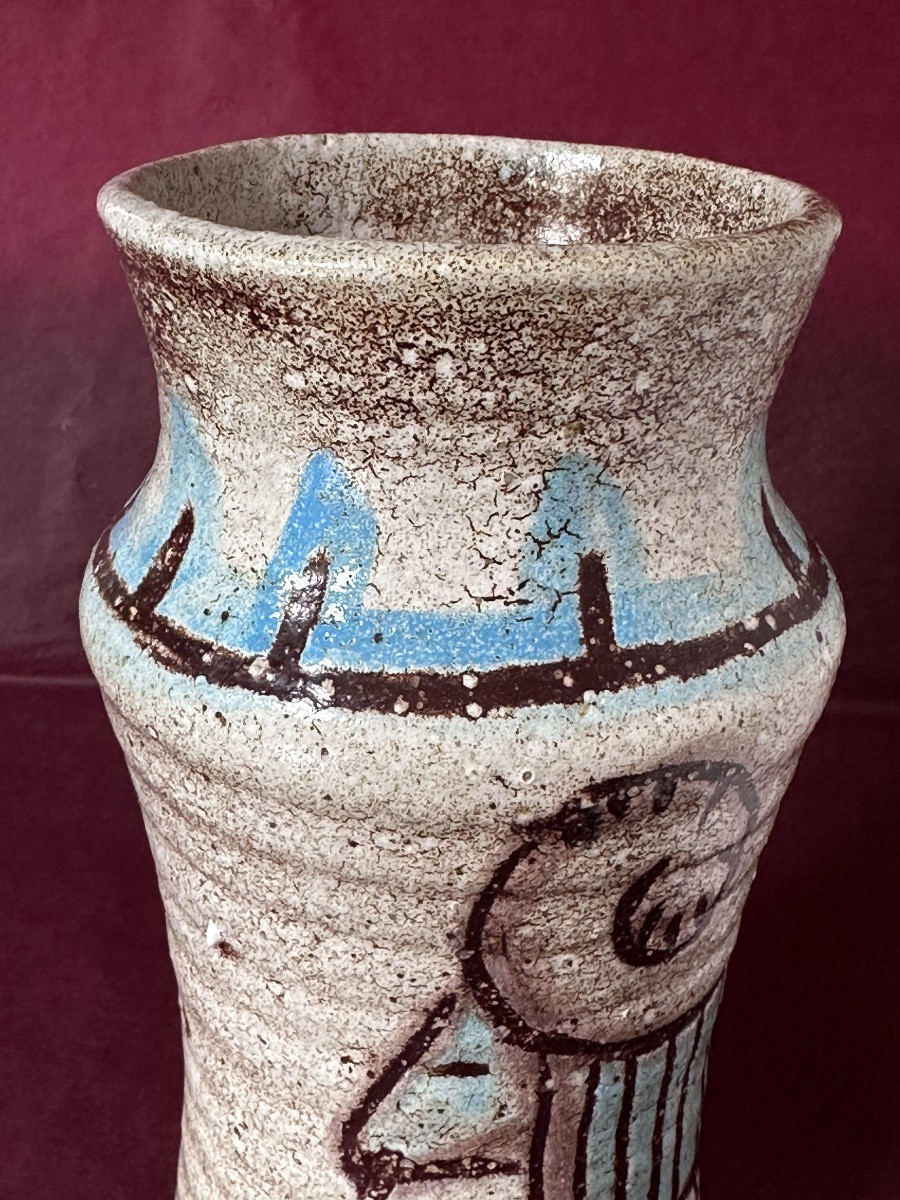 Accolay Vase With An Archaic Ram Design, Ceramic, 1960s, Vintage Brutalist Pottery-photo-4