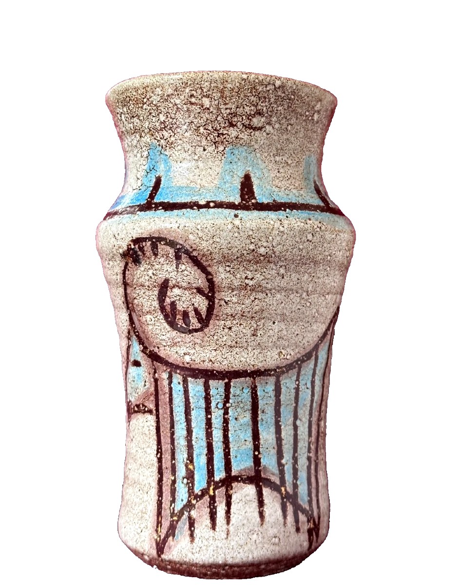 Accolay Vase With An Archaic Ram Design, Ceramic, 1960s, Vintage Brutalist Pottery