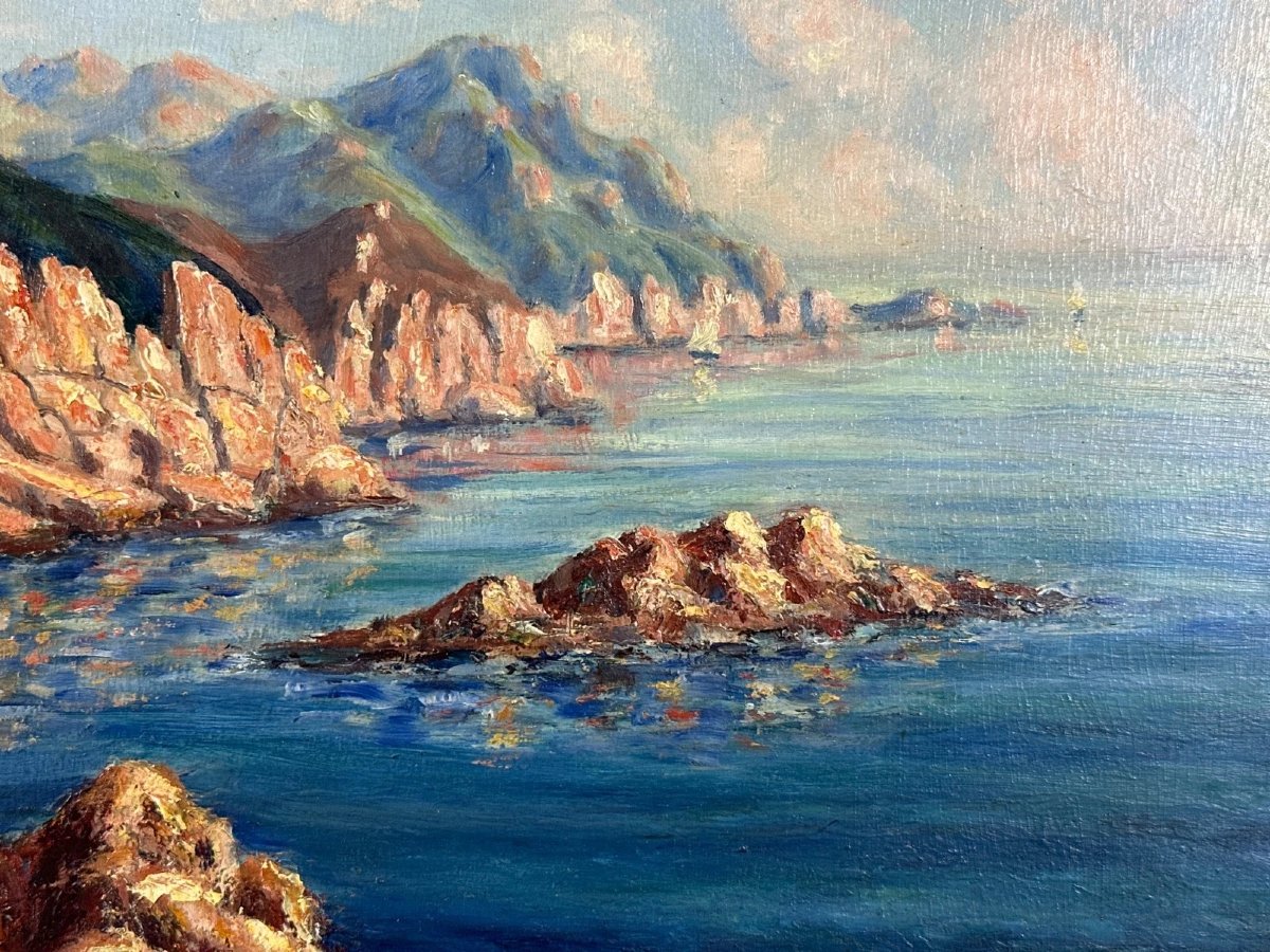 Antique Orientalist Painting, Seaside Landscape, Piana Oued Coast, Algeria, Corsica, Maxime Noiré (st-photo-1