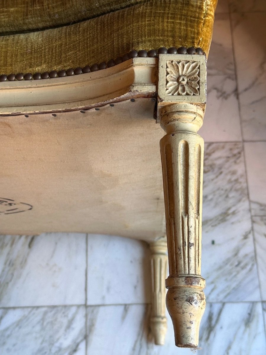 Important Antique Louis XVI Stool In Carved And Lacquered Wood With Fluted Ribbon Detailing, 76cm. Pouf-photo-4