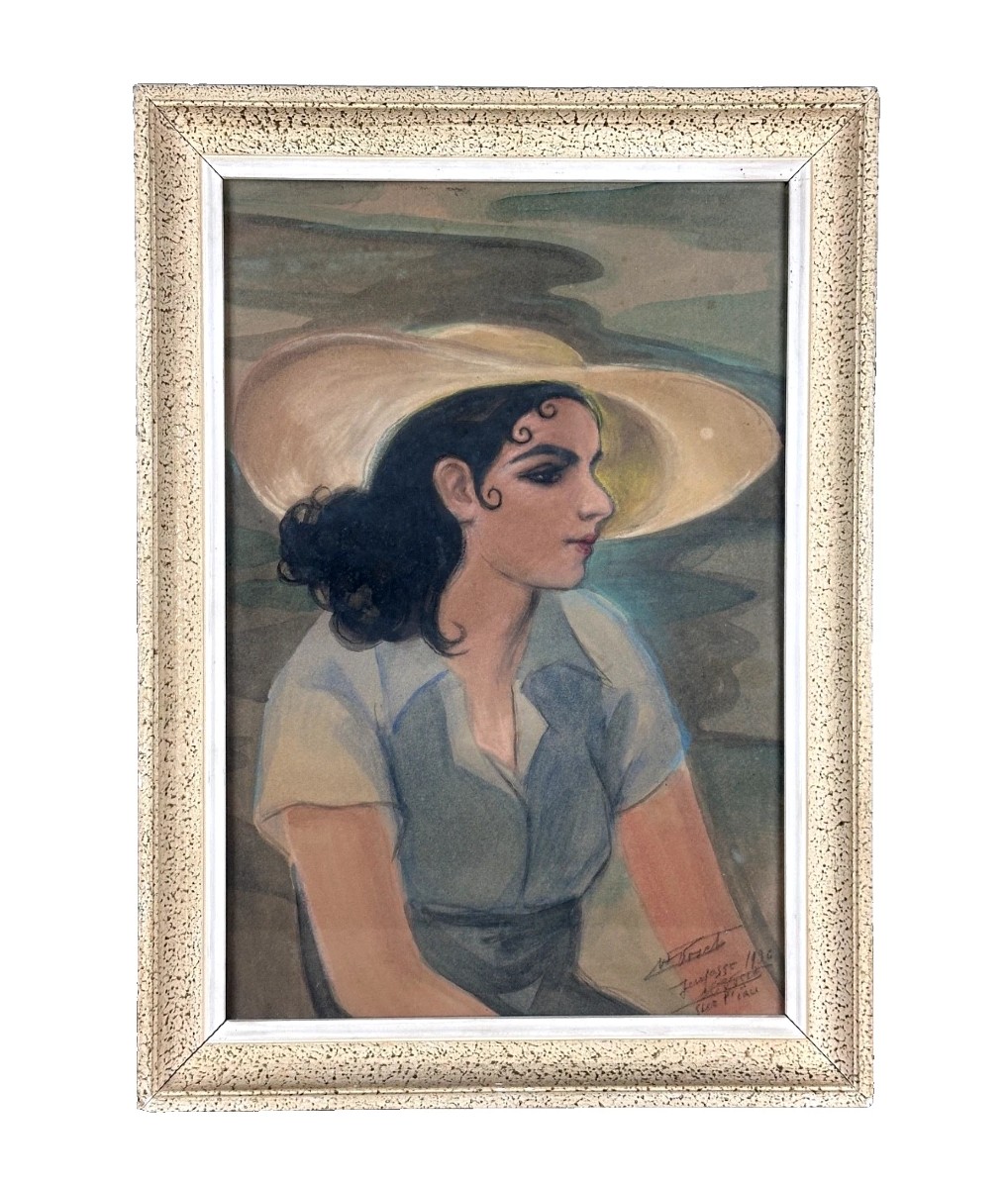 Beautiful Drawing, Portrait Of An Elegant Young Woman Sailing In A Boater Hat, Signed 1936-photo-2