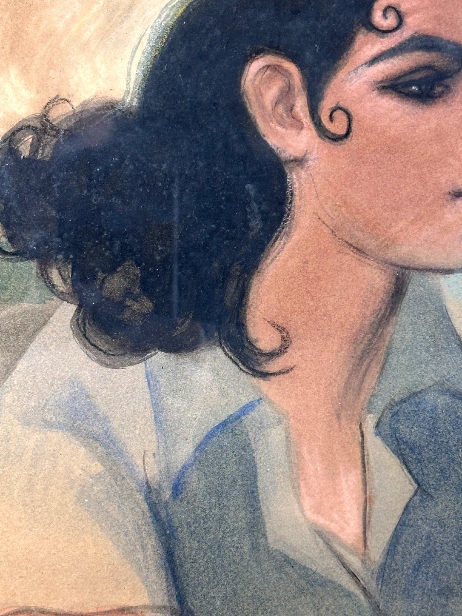 Beautiful Drawing, Portrait Of An Elegant Young Woman Sailing In A Boater Hat, Signed 1936-photo-2