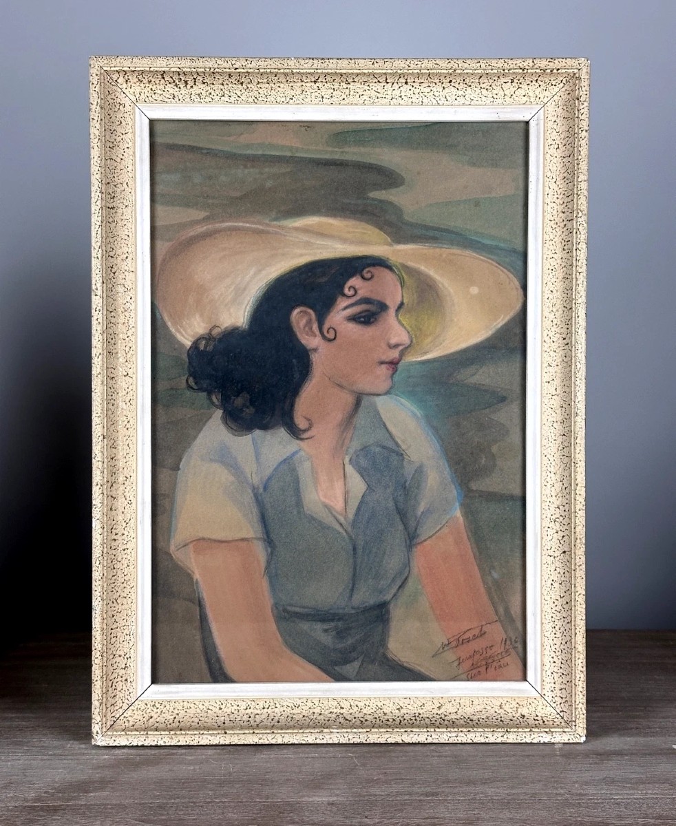 Beautiful Drawing, Portrait Of An Elegant Young Woman Sailing In A Boater Hat, Signed 1936-photo-6