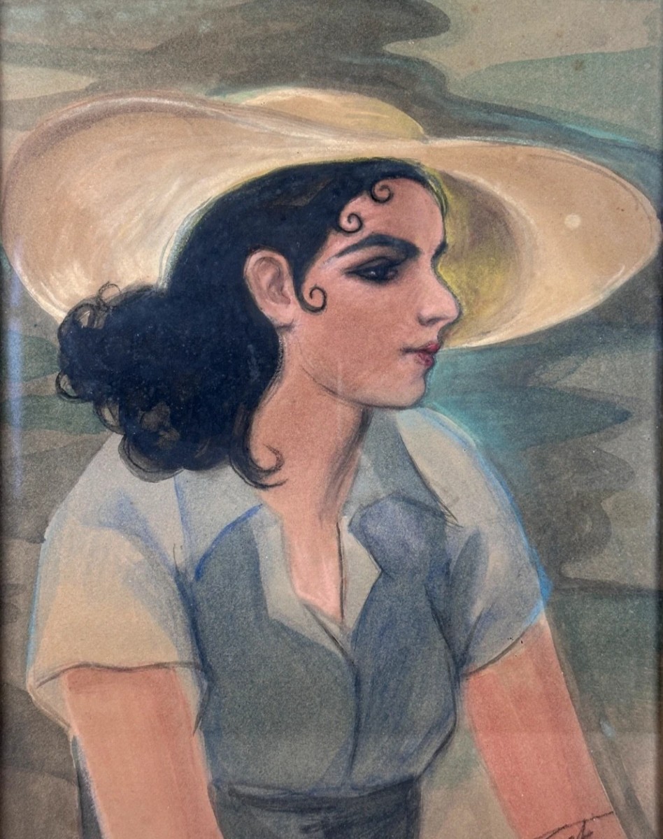 Beautiful Drawing, Portrait Of An Elegant Young Woman Sailing In A Boater Hat, Signed 1936