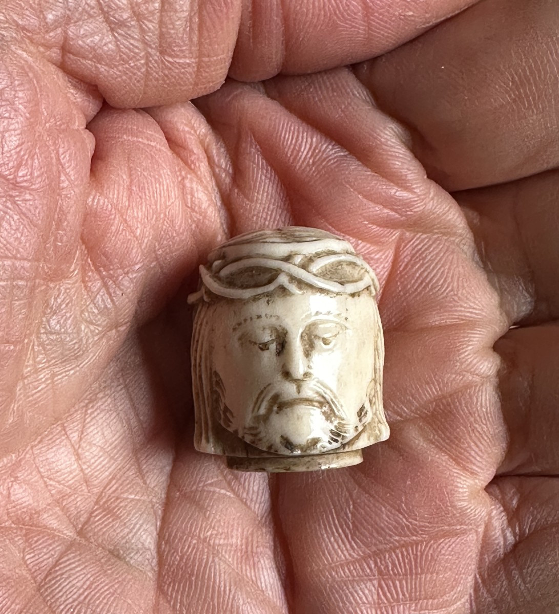 Grain de Chapelet 3cm Memento Mori visage christ tête de mort vanité 18e Ivoire -photo-2