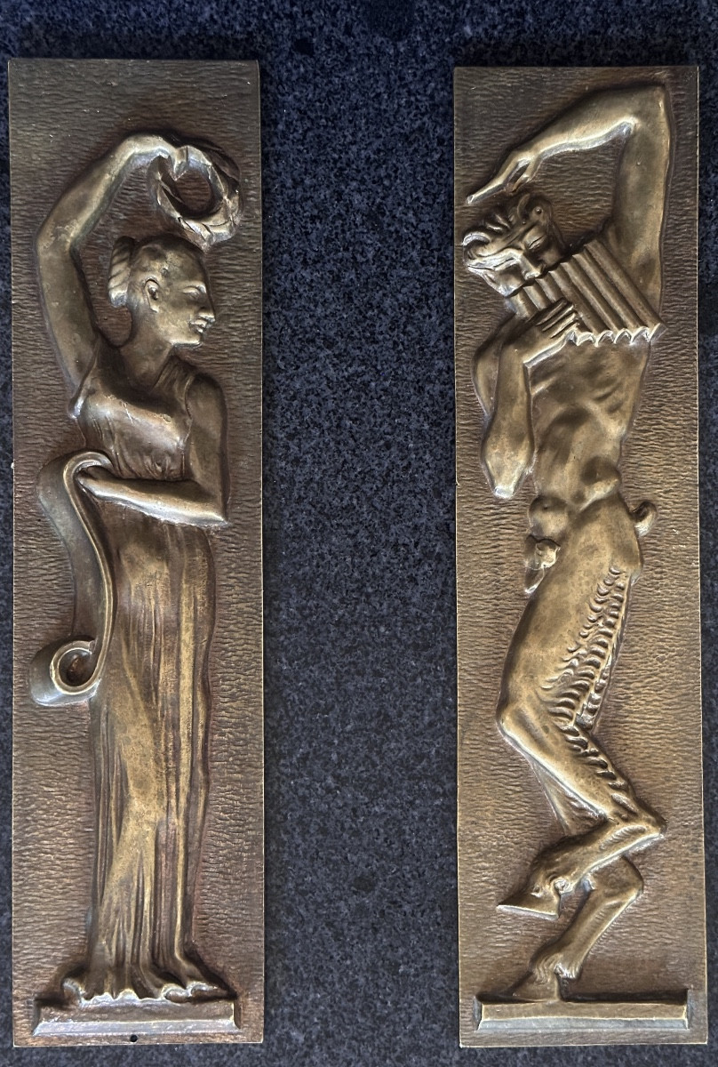 Large Bronze Paneling Depicting Allegory Of Music, Dance, Faun, And Muse, Antique Art Deco Style, X 2 Pieces Of Furniture-photo-2