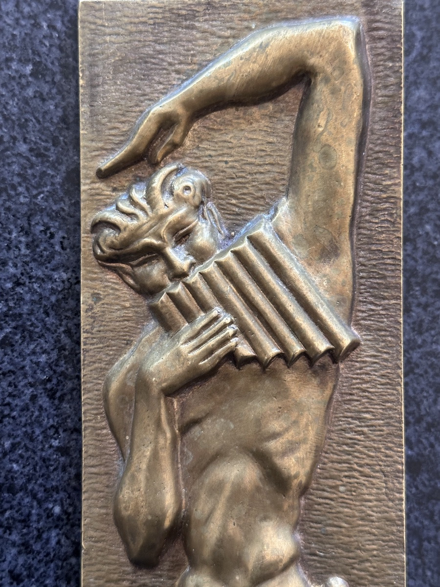 Large Bronze Paneling Depicting Allegory Of Music, Dance, Faun, And Muse, Antique Art Deco Style, X 2 Pieces Of Furniture-photo-1