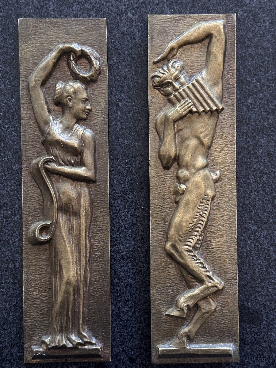 Large Bronze Paneling Depicting Allegory Of Music, Dance, Faun, And Muse, Antique Art Deco Style, X 2 Pieces Of Furniture-photo-4