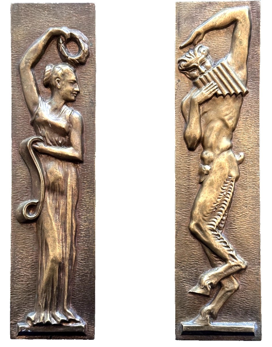 Large Bronze Paneling Depicting Allegory Of Music, Dance, Faun, And Muse, Antique Art Deco Style, X 2 Pieces Of Furniture