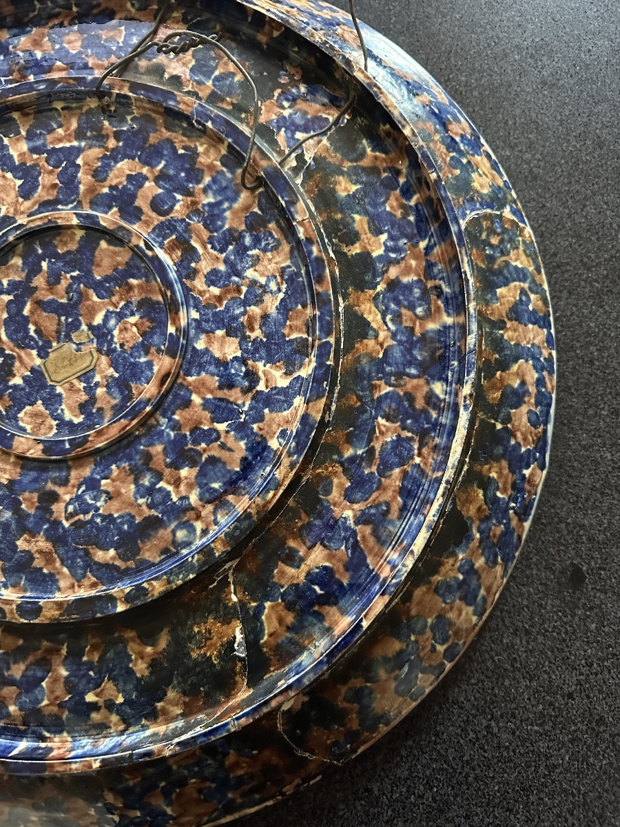 Achille Barbizet Large Barbotine Platter Cabaret Le Lyon d'Or Belle époque Paris 55cm Palissy 19th Century-photo-5