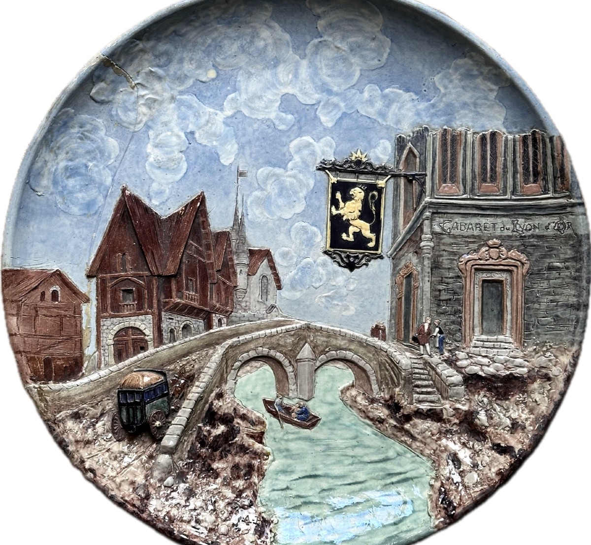 Achille Barbizet Large Barbotine Platter Cabaret Le Lyon d'Or Belle époque Paris 55cm Palissy 19th Century