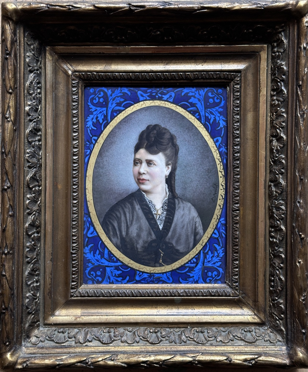 Painting On Porcelain Plaque, Portrait Of A Woman And Man In Costume, E. Yvetot Limoges X 2, 19th Century-photo-3