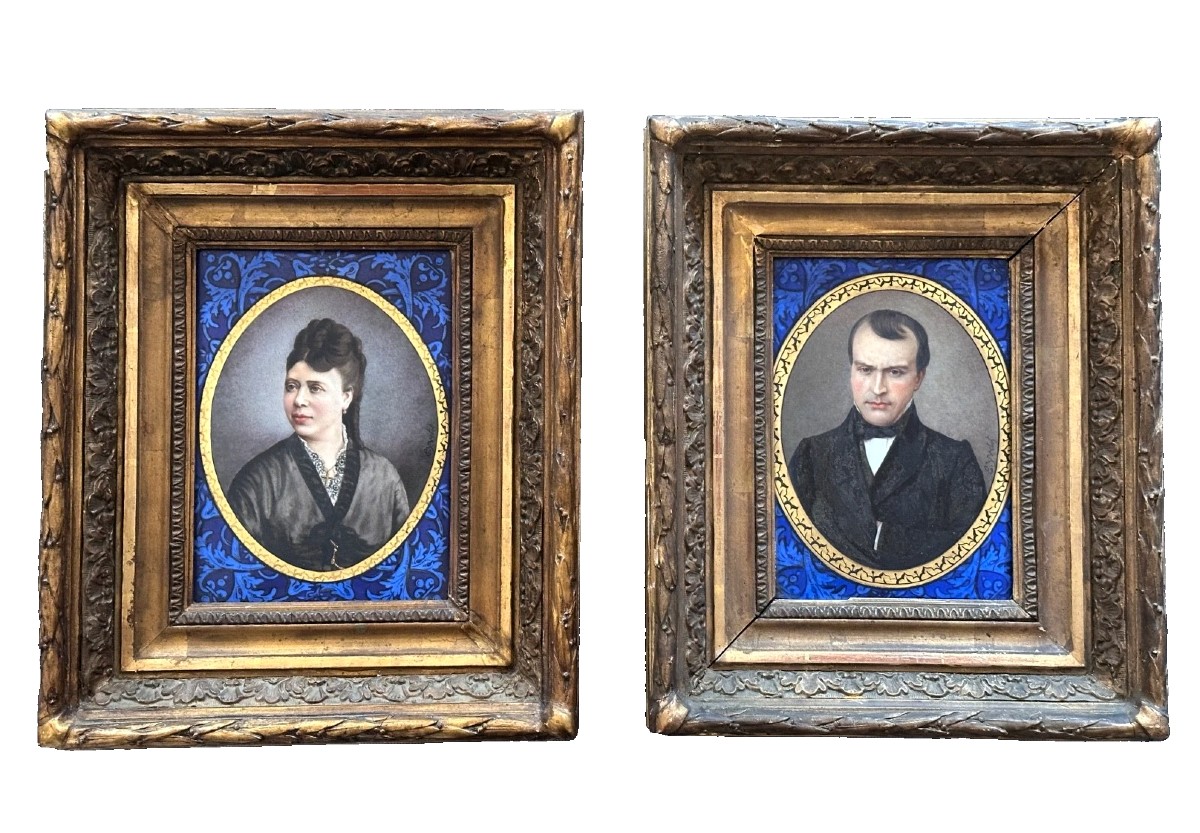 Painting On Porcelain Plaque, Portrait Of A Woman And Man In Costume, E. Yvetot Limoges X 2, 19th Century