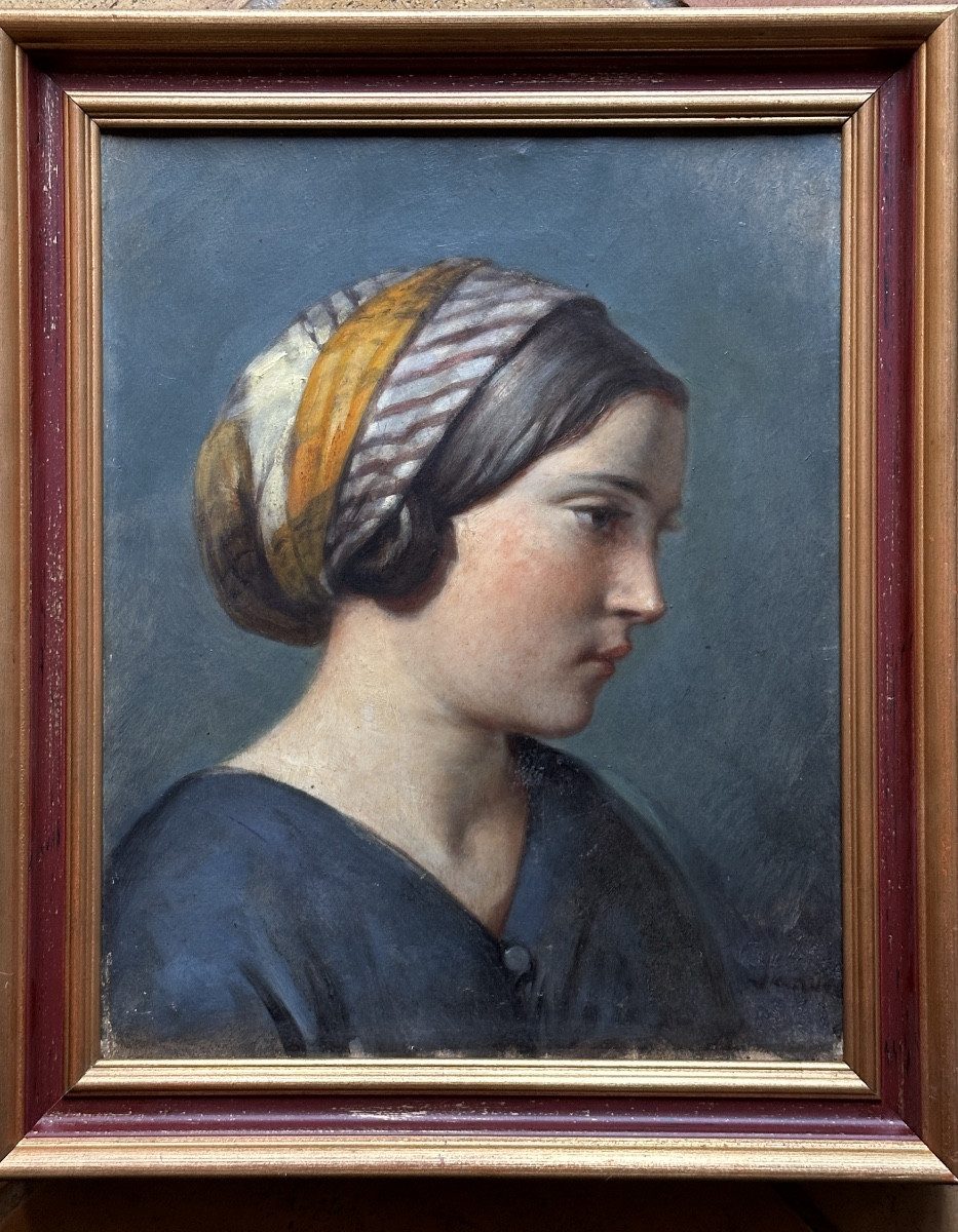Tableau portrait de jeune femme profil foulard école Ingres hst  1830 Roux marchand de couleurs-photo-2