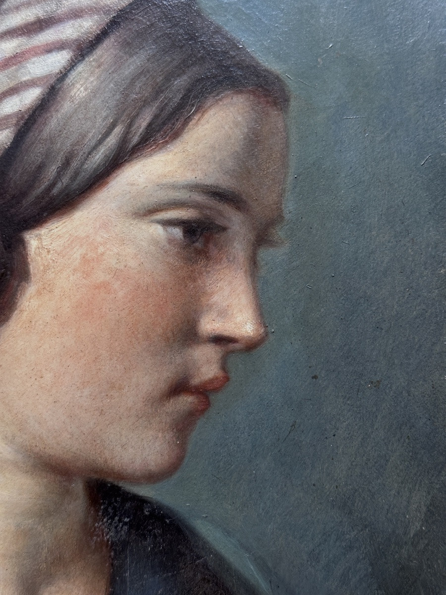 Tableau portrait de jeune femme profil foulard école Ingres hst  1830 Roux marchand de couleurs-photo-2