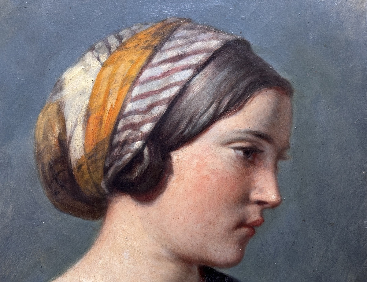 Tableau portrait de jeune femme profil foulard école Ingres hst  1830 Roux marchand de couleurs-photo-3