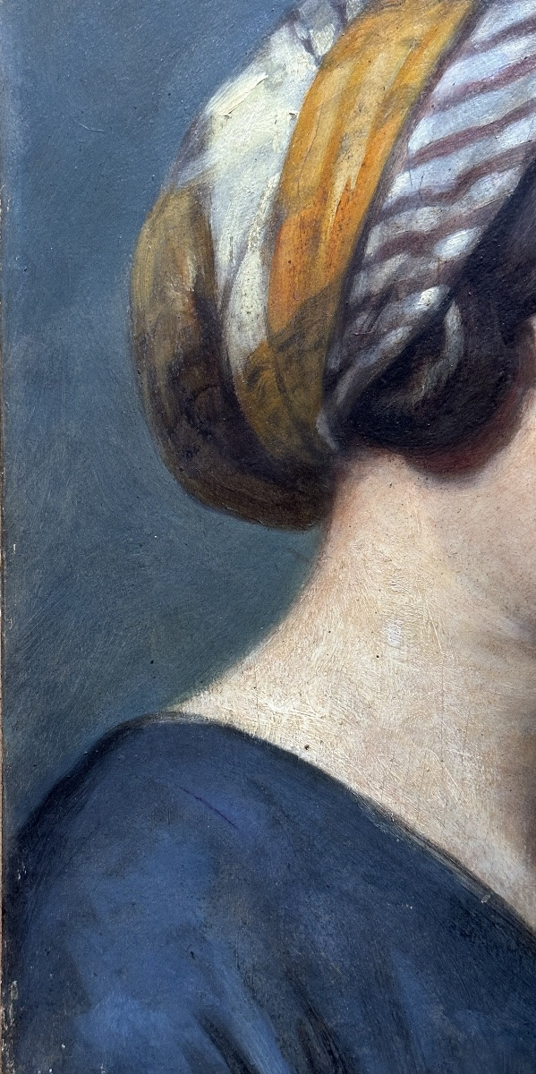 Tableau portrait de jeune femme profil foulard école Ingres hst  1830 Roux marchand de couleurs-photo-6
