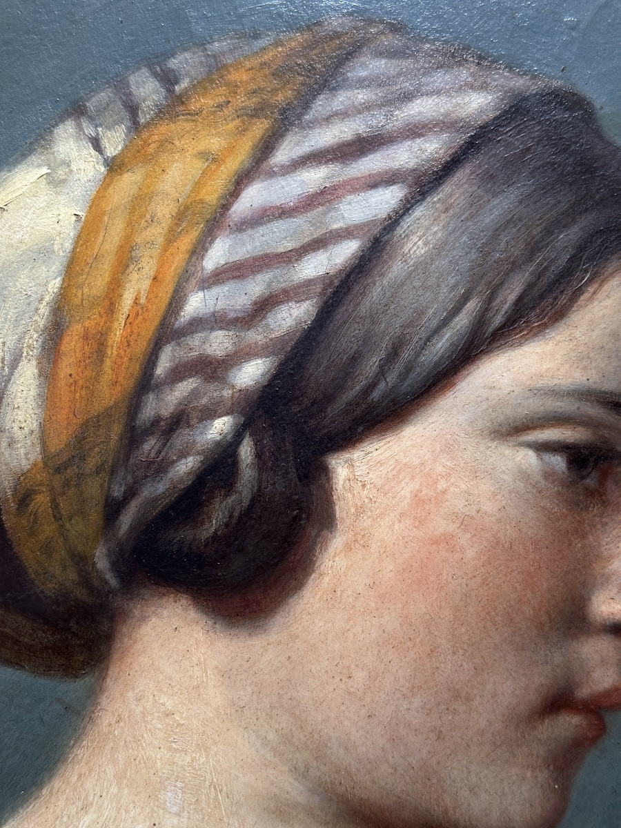 Tableau portrait de jeune femme profil foulard école Ingres hst  1830 Roux marchand de couleurs