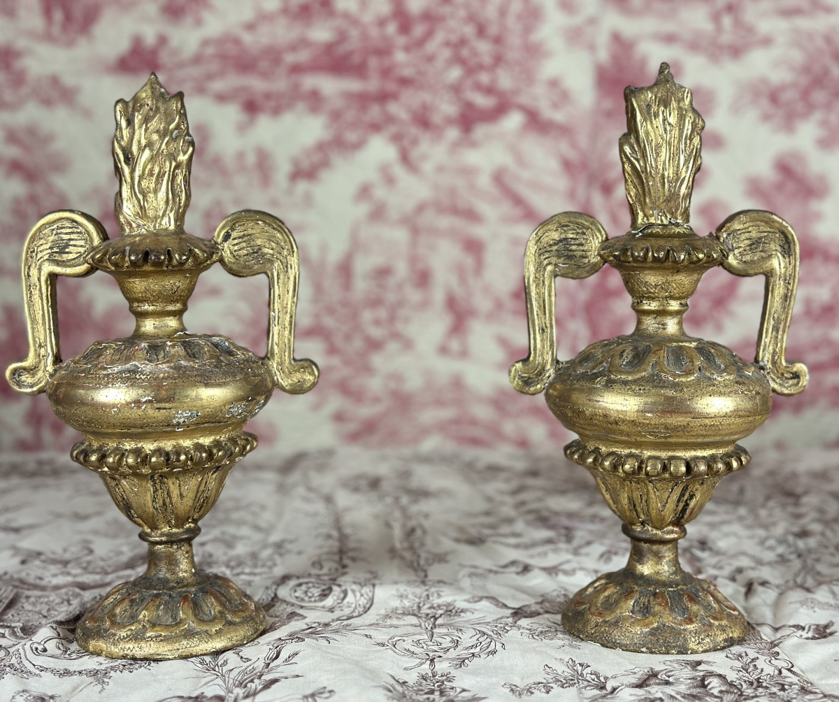 Paire parement Italie bois dorés Baroque Torchères Flamme pot à feu 30cm décor -photo-2