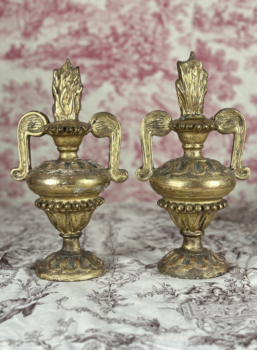 Paire parement Italie bois dorés Baroque Torchères Flamme pot à feu 30cm décor 