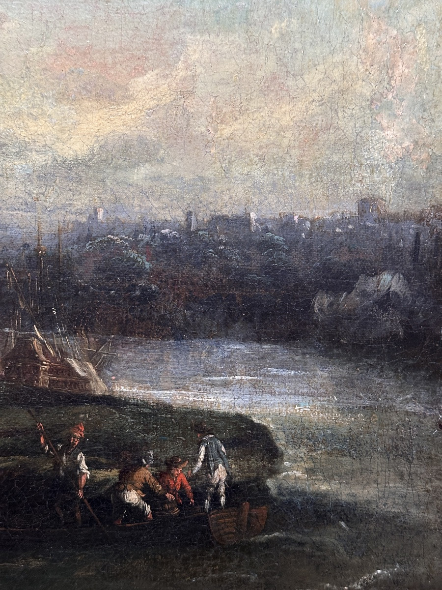 Tableau Ancien paysage 18ème Catalan  Espagne animé suiv Ramón Sánchez  vue de ville Tortosa -photo-2