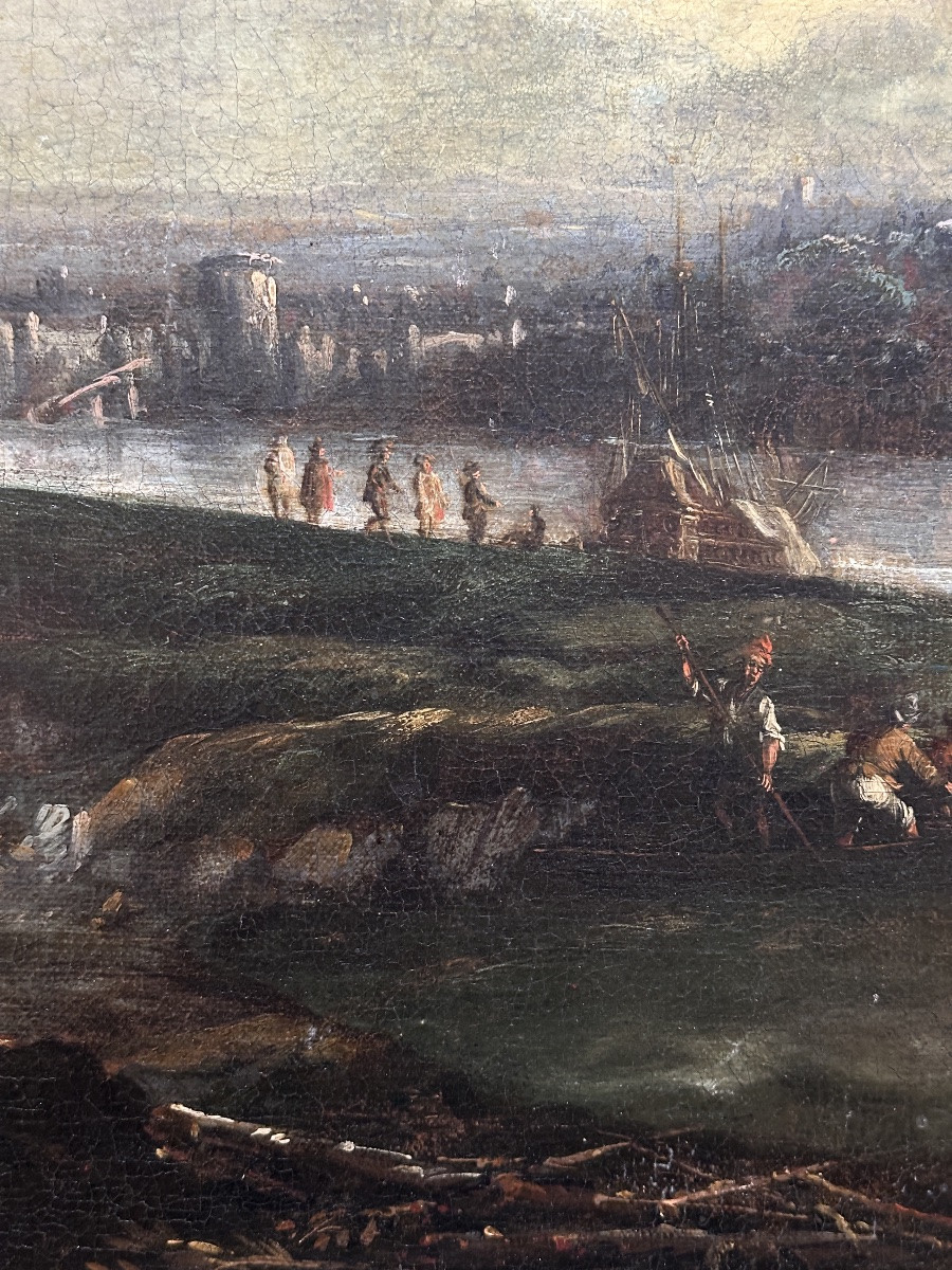 Tableau Ancien paysage 18ème Catalan  Espagne animé suiv Ramón Sánchez  vue de ville Tortosa -photo-3