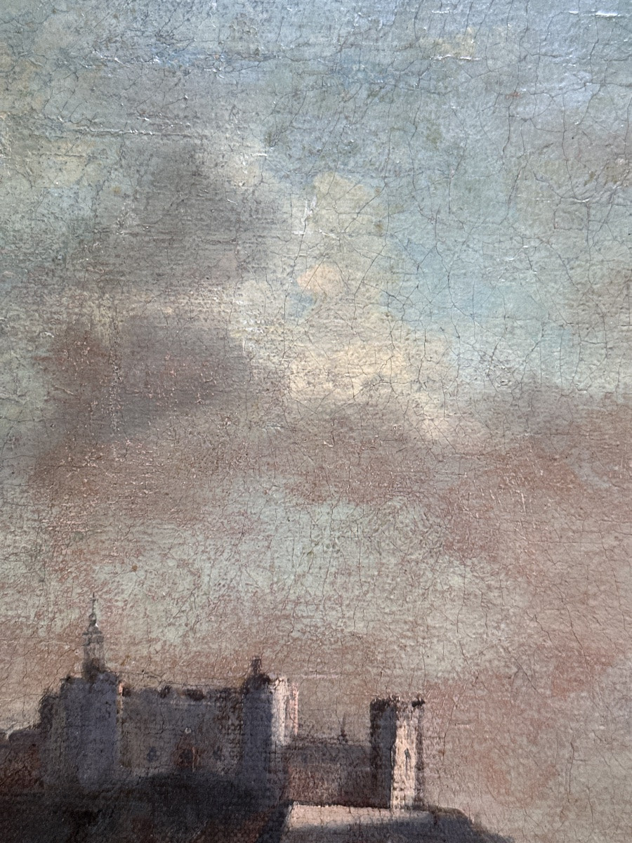 Tableau Ancien paysage 18ème Catalan  Espagne animé suiv Ramón Sánchez  vue de ville Tortosa -photo-4