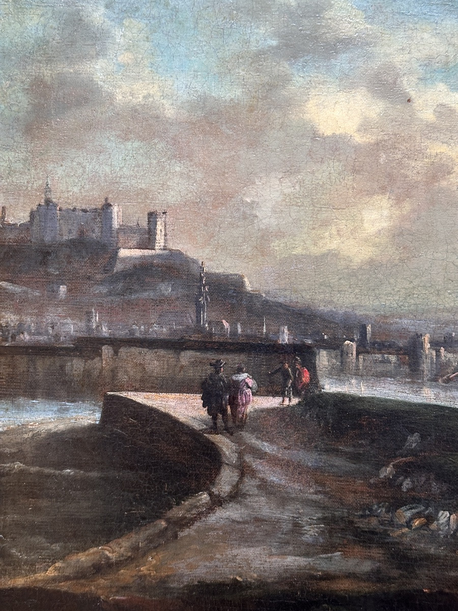 Tableau Ancien paysage 18ème Catalan  Espagne animé suiv Ramón Sánchez  vue de ville Tortosa -photo-8