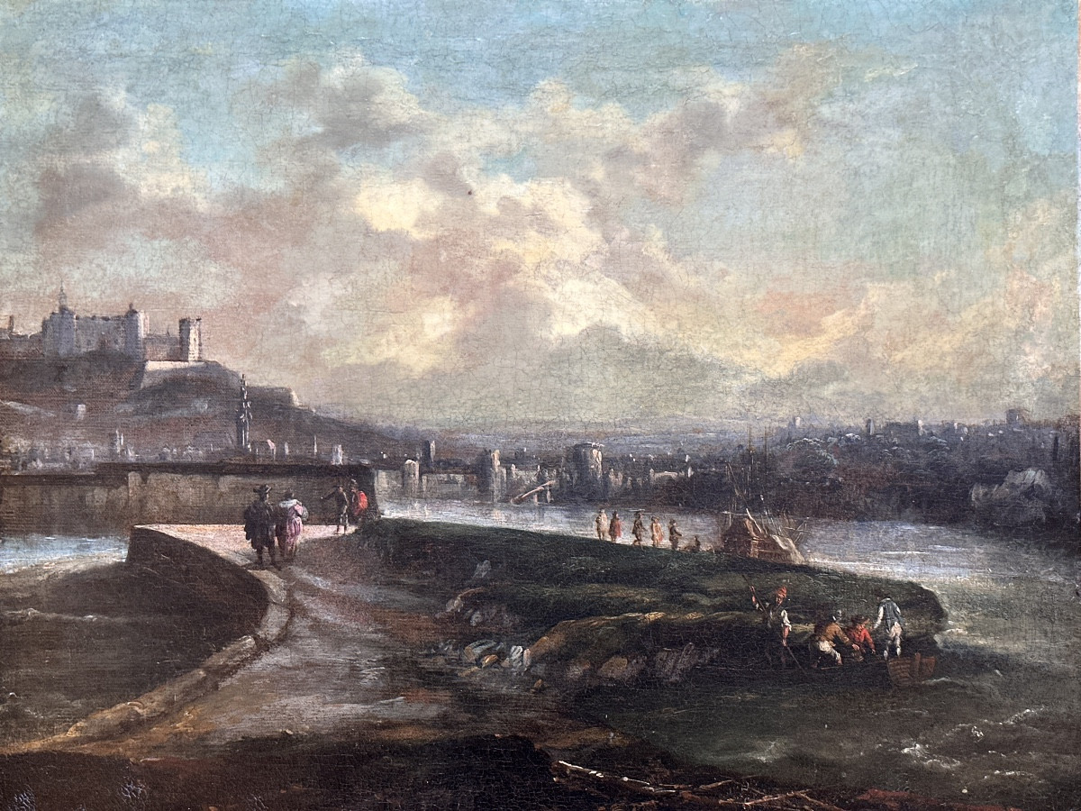 Tableau Ancien paysage 18ème Catalan  Espagne animé suiv Ramón Sánchez  vue de ville Tortosa 
