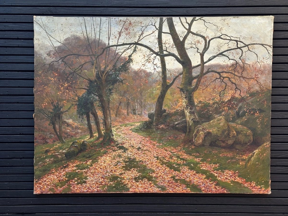 Jean DUFAU Grand tableau  paysage forêt Barbizon Fontainebleau impressionniste 1920-photo-2