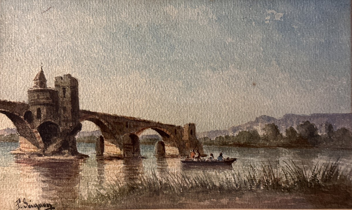 Paul Seignon Tableau Ancien Aquarelle Avignon Le Pont Saint-bénézet Provence