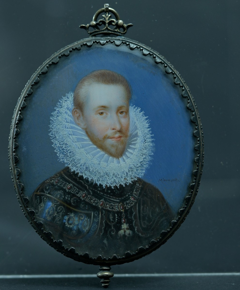 Miniature tableau Portrait d’Albert VII Archiduc d’Autriche Cadre ovale en argent Couronne 19è-photo-3