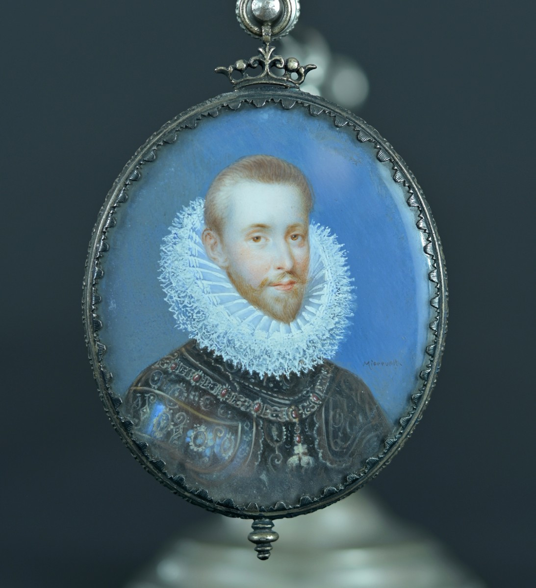 Miniature tableau Portrait d’Albert VII Archiduc d’Autriche Cadre ovale en argent Couronne 19è