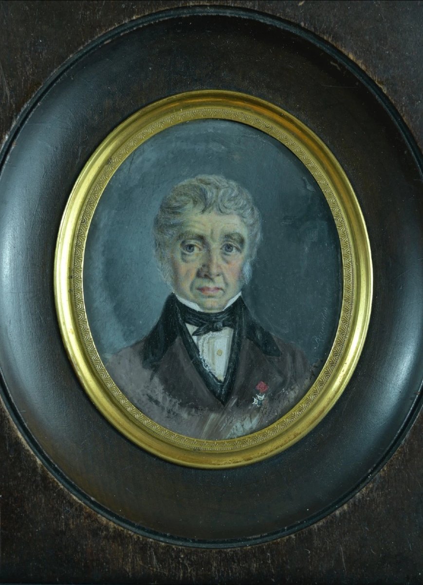 Miniature ancienne époque Romantique portrait homme costume cadre ovale 19ème signé 1846-photo-1