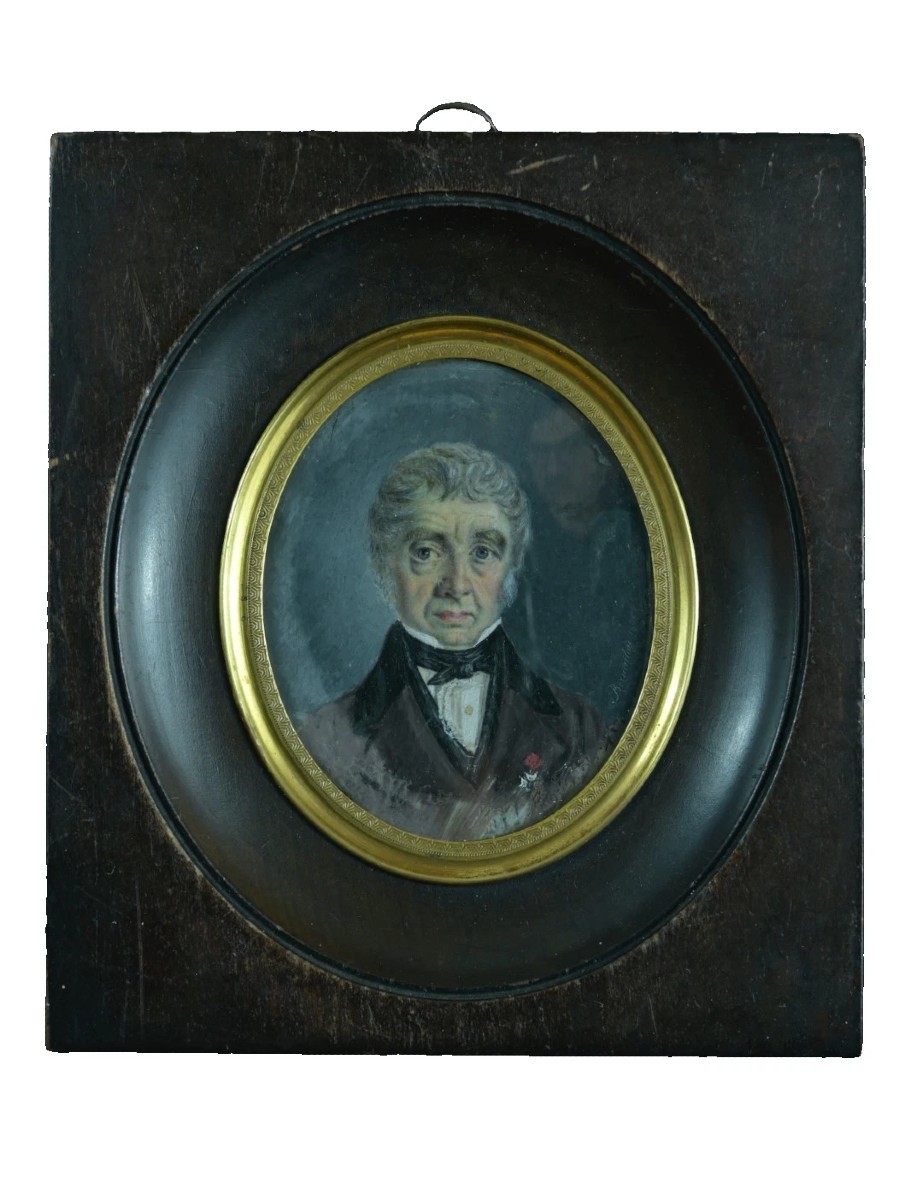 Miniature ancienne époque Romantique portrait homme costume cadre ovale 19ème signé 1846-photo-5