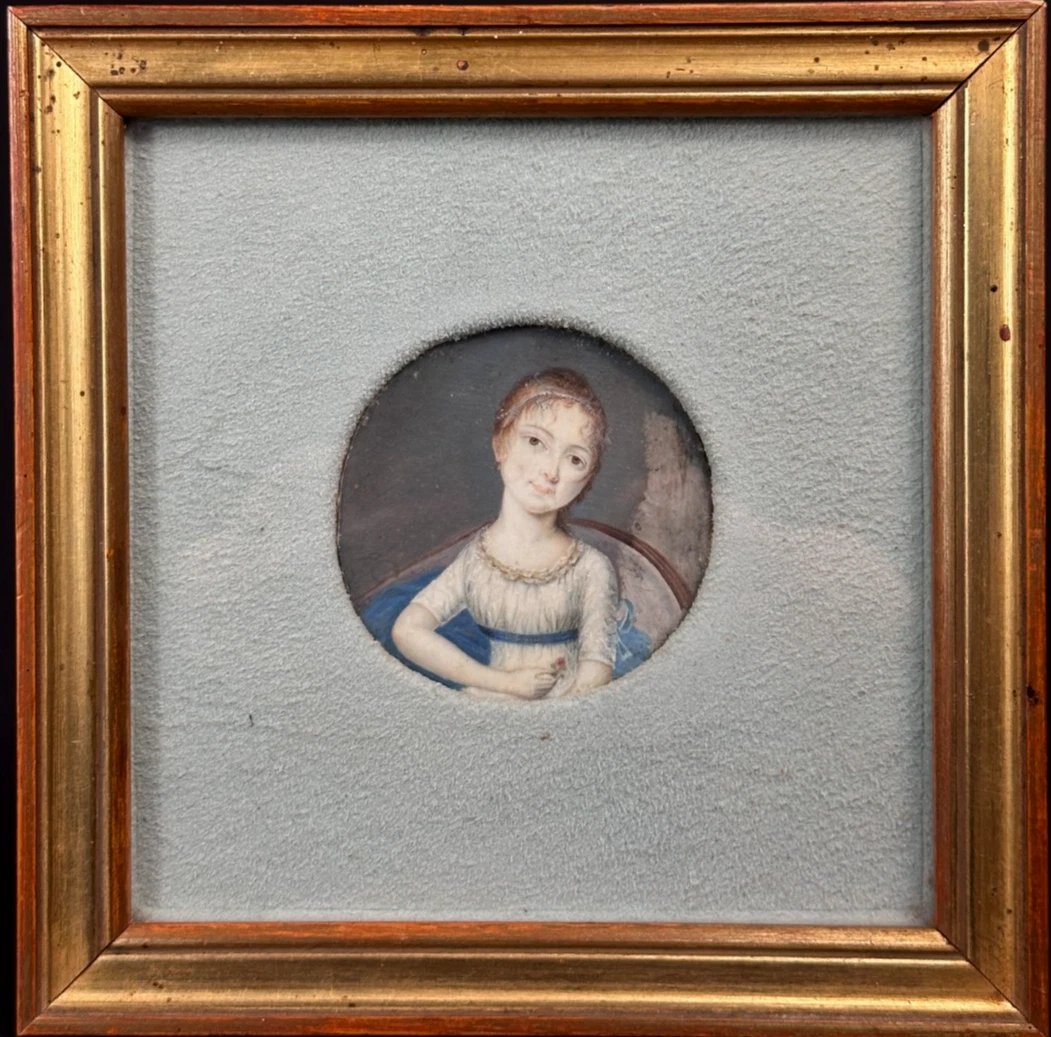 Tableau Miniature portrait de jeune fille à la rose Baron de Condé louis XVI -photo-1