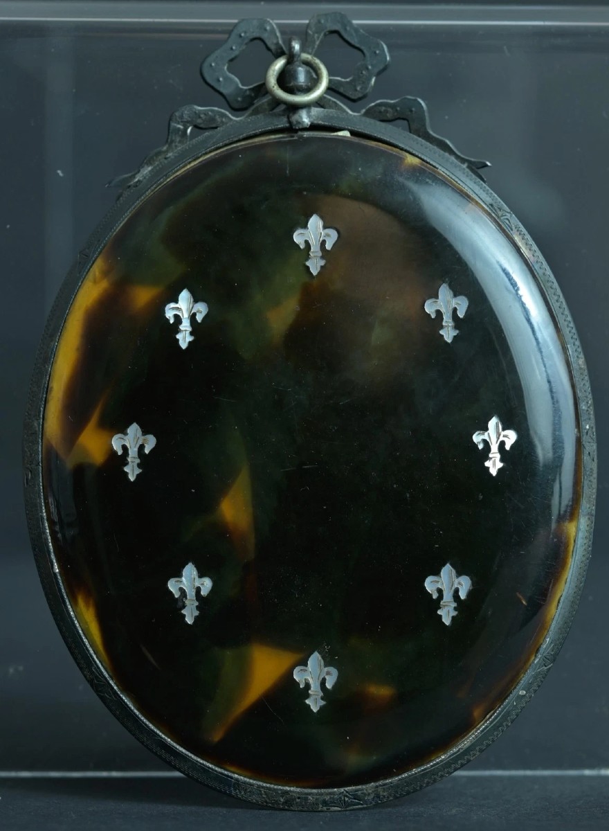 Tableau Miniature  Fillette au chat Cadre argent  écaille nacre fleur de lys Perronneau -photo-2