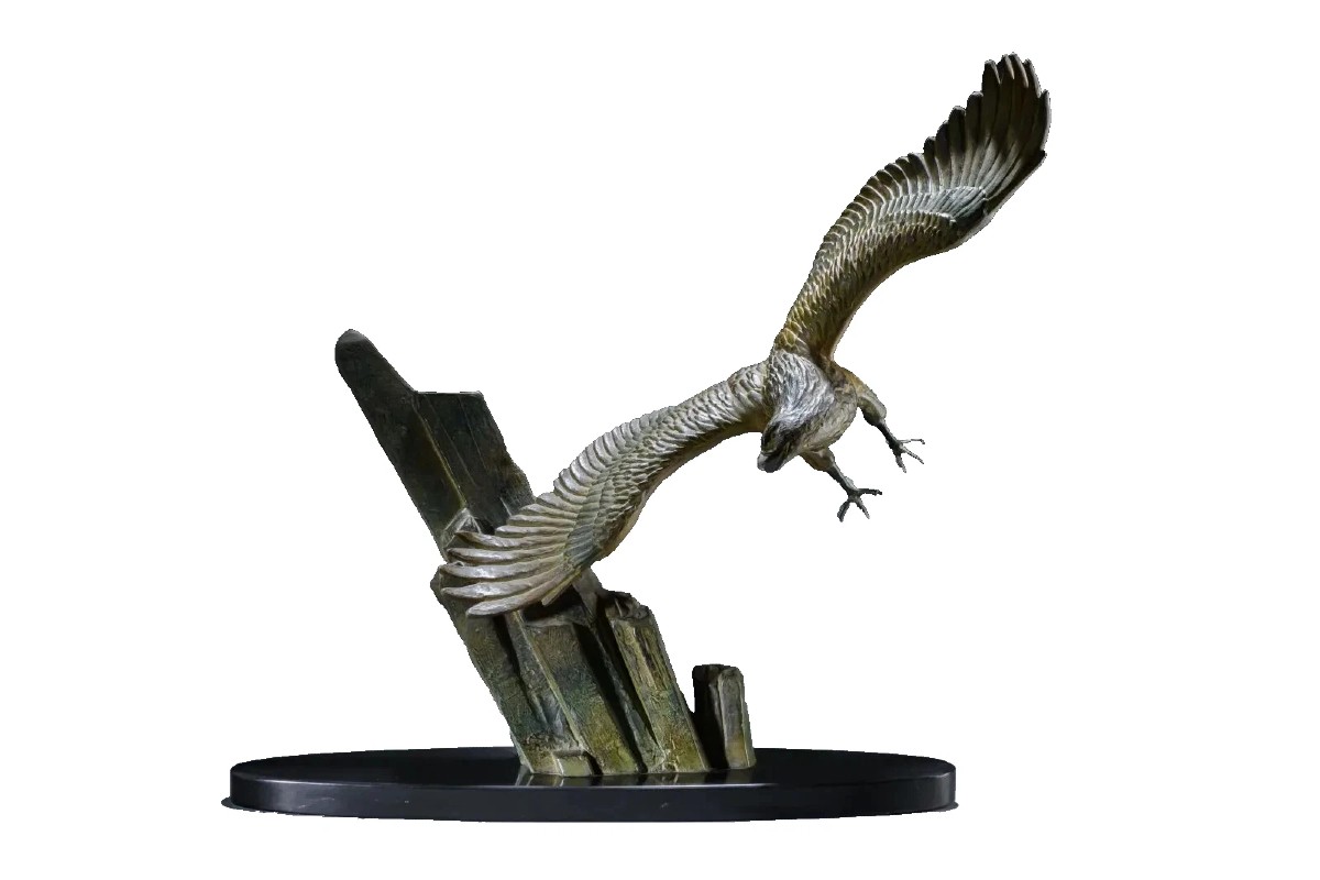 RULAS grande  sculpture animalière l'aigle Royal en vol  Sommet  patine bronze époque art déco -photo-3