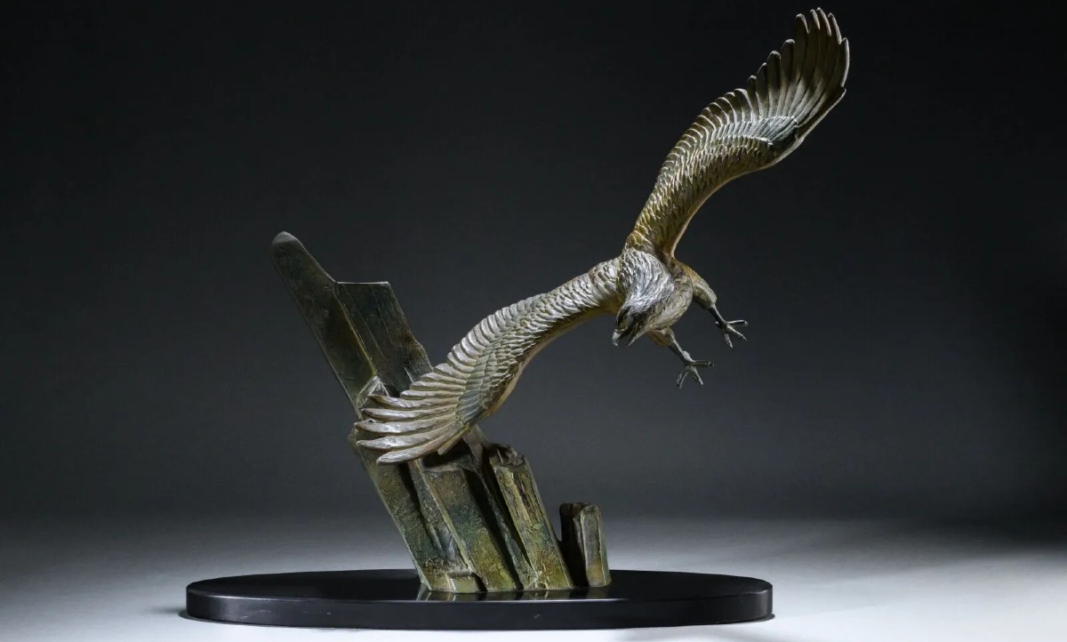 RULAS grande  sculpture animalière l'aigle Royal en vol  Sommet  patine bronze époque art déco -photo-4