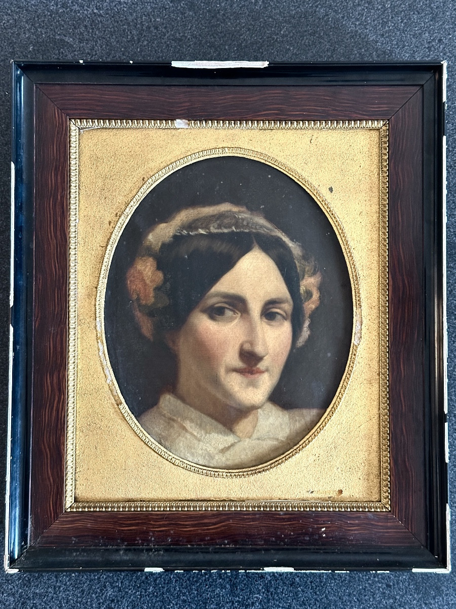Beau tableau portrait jeune femme  mention Devéria 1830 école Française -photo-2