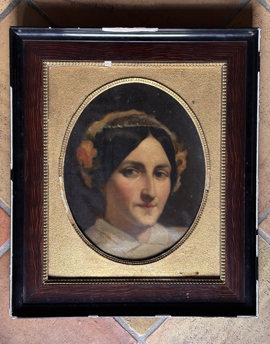 Beau tableau portrait jeune femme  mention Devéria 1830 école Française -photo-1
