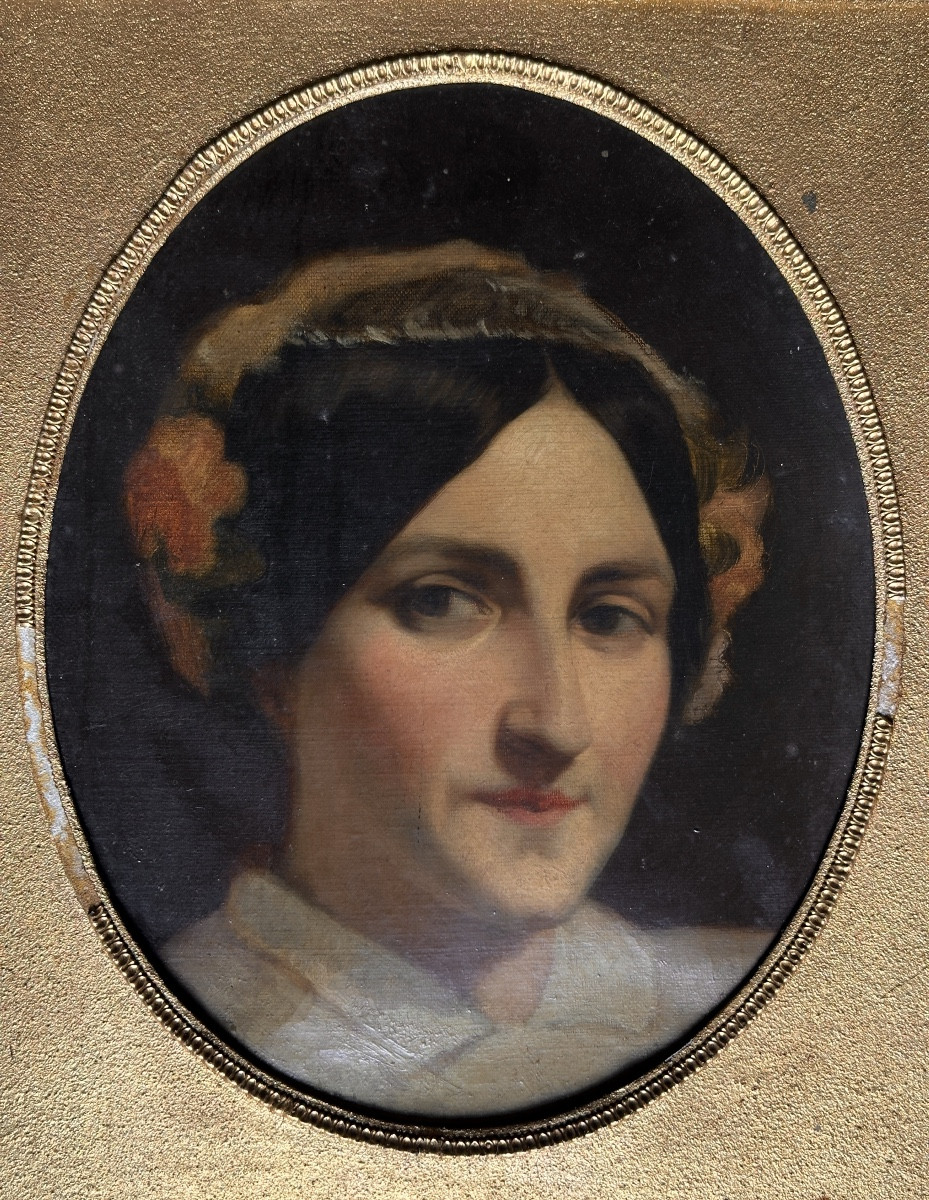 Beau tableau portrait jeune femme  mention Devéria 1830 école Française 