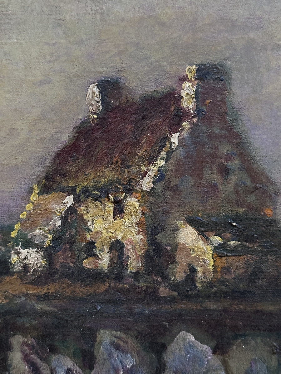 Duval-Gozlan  Tableau paysage Chaumière mer Marine Bretagne  crépuscule 1900-photo-1