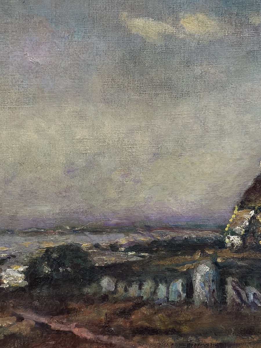 Duval-Gozlan  Tableau paysage Chaumière mer Marine Bretagne  crépuscule 1900-photo-3